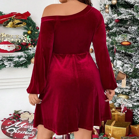 Damen Übergröße Weinrot Samtkleid Schulterfrei Langarm Gerafft A-Linie Mini Partykleid Für Weihnachten Event