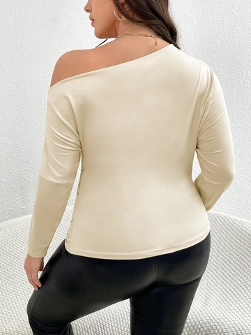 Women Sexy One Shoulder Ruched Long Sleeve T-Shirt Solid Color Slim Fit Apricot Top Plus Size Spring Autumn Blouse