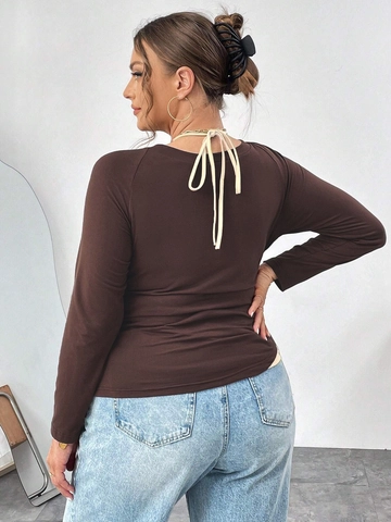 Top da Donna Taglie Forti Sexy Scollo a V Arricciato Manica Lunga Finto Due Pezzi Slim Fit Marrone Scuro Maglietta in Maglia Con Fiocco