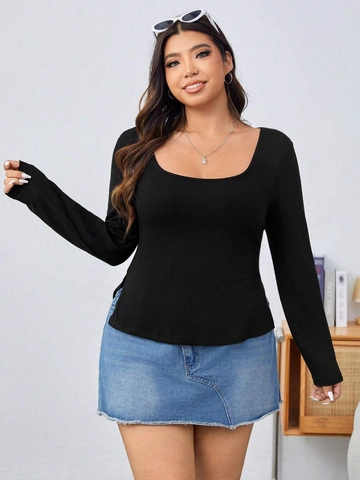 Top da Donna Taglie Forti Nero Scollo Quadrato Maglia a Costine Manica Lunga Sottoglacca Aderente Con Spacco Laterale Moda