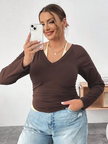 Top da Donna Taglie Forti Sexy Scollo a V Arricciato Manica Lunga Finto Due Pezzi Slim Fit Marrone Scuro Maglietta in Maglia Con Fiocco
