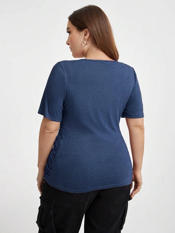Women's Plus Size V Neck Wrap Ruched Short Sleeve T-Shirt Slim Fit Solid Color Knitted Top For Daily Casual Wear