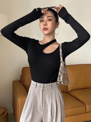 Women's Casual Long Sleeve Cut Out Top Asymmetrical Shoulder Slim Fit Viscose Elastane Knit T-Shirt Solid Black Fashion Top