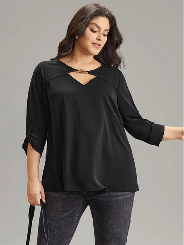 Women Plus Size V Neck Hollow Out Top Metal Chain Detail Long Bell Sleeve Black Solid Color Elegant Commuter Blouse Shirt