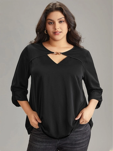 Women Plus Size V Neck Hollow Out Top Metal Chain Detail Long Bell Sleeve Black Solid Color Elegant Commuter Blouse Shirt