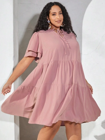 Women Plus Size V Neck Tiered Ruffle Dress Summer Casual Babydoll Solid Color Short Sleeve Layered Midi Dress