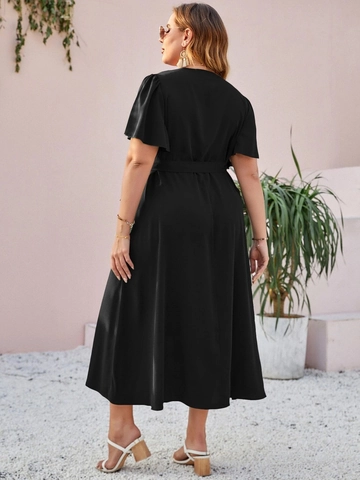 Vestido Midi Envolvente Elegante Cuello en V Tallas Grandes Mujer Negro Manga Corta Volantes Abertura Con Cinturón Verano