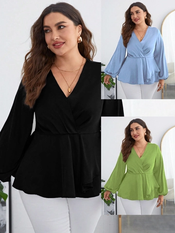 Camicetta a Sbuffo con Scollo a V Taglie Forti da Donna Top in Satin a Maniche Lunghe con Vita Arricciata Elegante