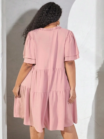 Women Plus Size V Neck Tiered Ruffle Dress Summer Casual Babydoll Solid Color Short Sleeve Layered Midi Dress