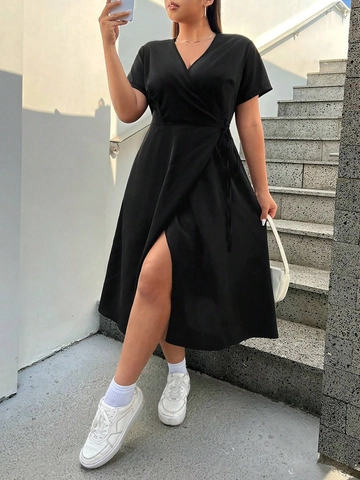 Women Plus Size V Neck Wrap Midi Dress Short Sleeve Split Hem Solid Black Casual Elegant Summer Beach Dress