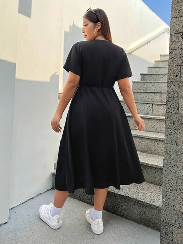Women Plus Size V Neck Wrap Midi Dress Short Sleeve Split Hem Solid Black Casual Elegant Summer Beach Dress