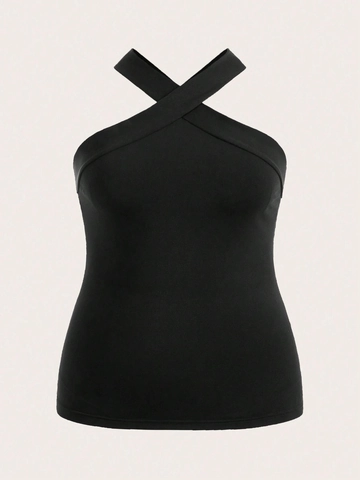 Women Plus Size Halter Neck Crop Tank Top Cross Strap Off Shoulder Sleeveless Knitted Vest Sexy Streetwear Slim Fit Top
