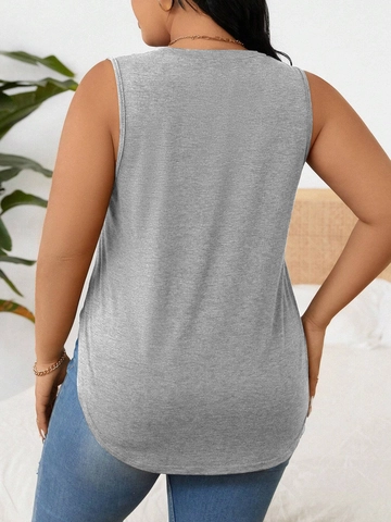 Damen Übergröße Casual Baumwollmischung Ärmelloses Tanktop Rundhals Seitenschlitz Locker Fit Basic Grau Weste Sommer Workout Shirt