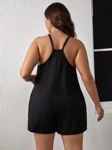 Mono Corto Casual de Talla Grande para Mujer con Punto Acanalado Cuello en V Tirantes Finos Jumpsuit Con Bolsillos Color Sólido