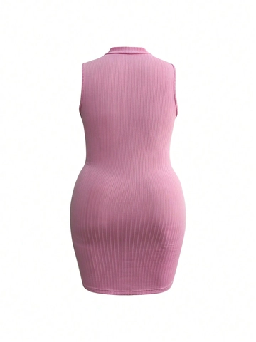 Plus Size Women Pink Ribbed Bodycon Dress Sleeveless Mock Neck Front Zipper Slim Fit Mini Dress Summer Fashion