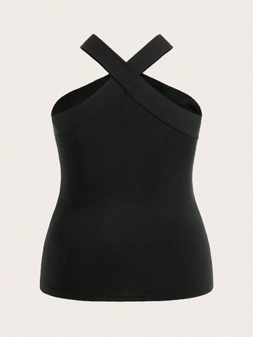 Women Plus Size Halter Neck Crop Tank Top Cross Strap Off Shoulder Sleeveless Knitted Vest Sexy Streetwear Slim Fit Top