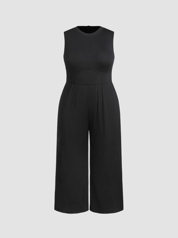 Women Plus Size Sleeveless Jumpsuit Ribbed Round Neck Wide Leg Long Jumpsuit Solid Color High Waist Casual Jumpsuit Outfits