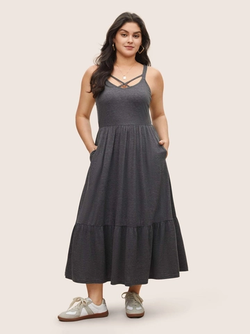 Robe Maxi Décontractée pour Femmes Grande Taille Mélange de Viscose et Polyester Col Croisé Ourlet à Volants Avec Poches Robe Longue de Vacances