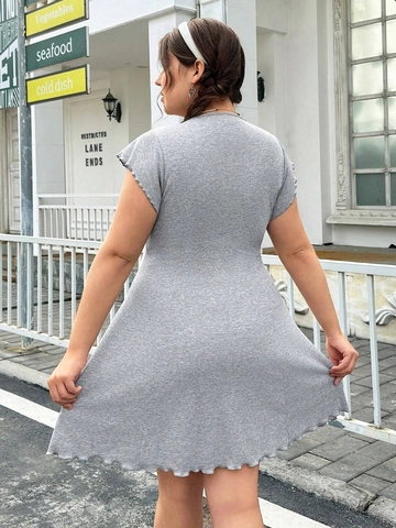 Plus Size Women Lettuce Edge Ribbed Knit Mini Dress Round Neck Short Sleeve Solid Grey Elegant Casual Bow A-Line Dress