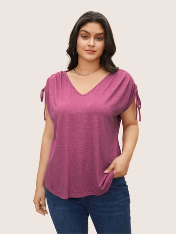 Damen Plus Size V-Ausschnitt T-Shirt Lässig Lockere Kurzarm Top Mit Gerafften Kordelzug Ärmeln Polyester Viskose Stoff