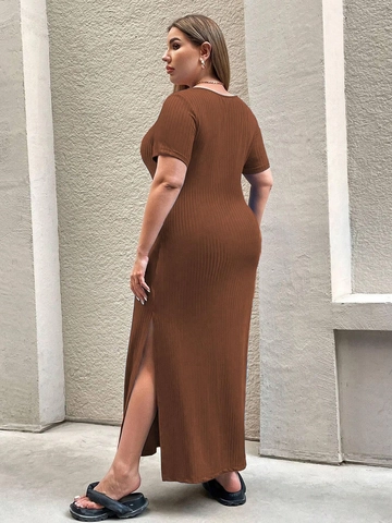 Women Plus Size Ribbed Knit Maxi Dress V Neck Short Sleeve Side Slit Slim Fit Elegant Solid Color Casual Long Dress