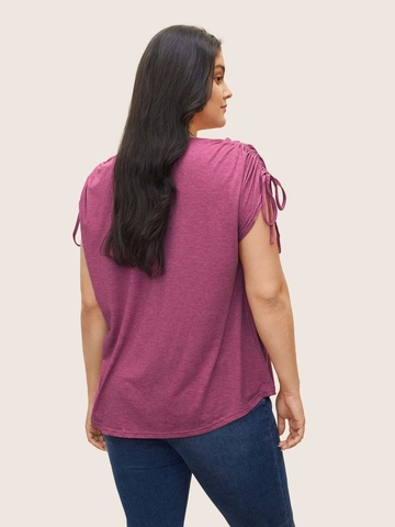 Damen Plus Size V-Ausschnitt T-Shirt Lässig Lockere Kurzarm Top Mit Gerafften Kordelzug Ärmeln Polyester Viskose Stoff