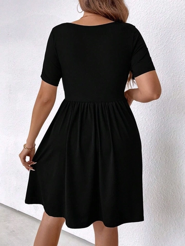 Women Plus Size Elegant Square Neck Ruched Short Sleeve Midi Dress Solid Color Slim Fit A-Line Office Casual Polyester Dress