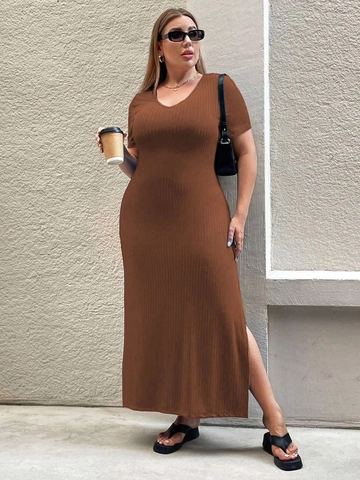 Women Plus Size Ribbed Knit Maxi Dress V Neck Short Sleeve Side Slit Slim Fit Elegant Solid Color Casual Long Dress