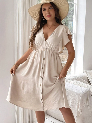 Vestido Midi de Talla Grande para Mujer Cuello en V Manga con Volantes Casual Botones Talle Alto Vacaciones de Verano Color Sólido Corte A
