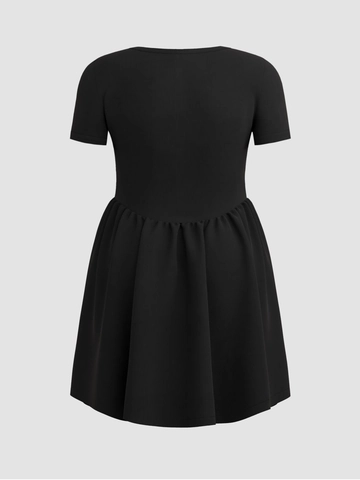 Damen Übergröße Schwarz Kurzarm Kleid Korsett Taille Plissiert A-Linie Midi Kleid Strick Elegant Casual Sommer Kleidung
