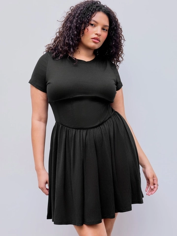 Damen Übergröße Schwarz Kurzarm Kleid Korsett Taille Plissiert A-Linie Midi Kleid Strick Elegant Casual Sommer Kleidung