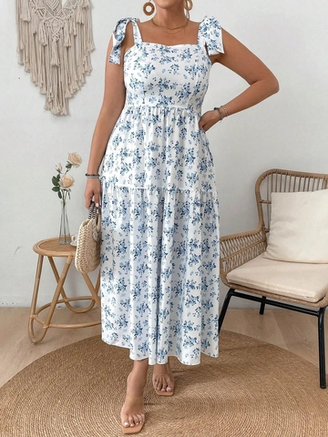 Women Plus Size Floral Print Cami Midi Dress Boho Tiered Ruffle Vacation Sundress High Waist Smocked Back Square Neck Dress