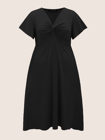 Women Plus Size V-Neck Twist-Knot Midi Dress Short Ruffle Sleeve A-Line Elegant Solid Black Casual Plus-Size Dress