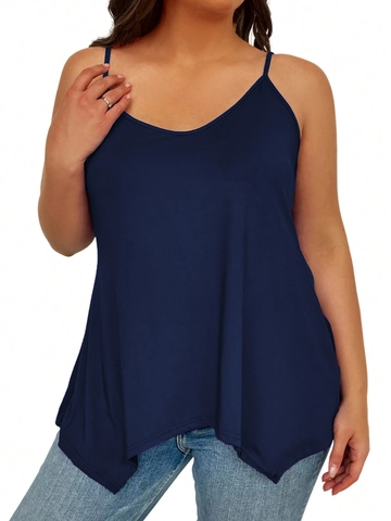 Women's Plus Size Solid Navy Blue Camisole Loose Spaghetti Strap V Neck Tank Top Handkerchief Hem Casual Summer Sleeveless Top