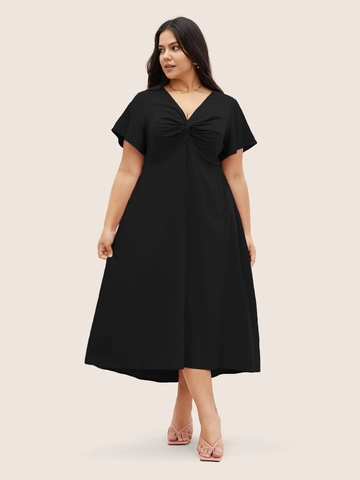Women Plus Size V-Neck Twist-Knot Midi Dress Short Ruffle Sleeve A-Line Elegant Solid Black Casual Plus-Size Dress