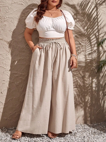 Damen Große Größen Hohe Taille Weite Hose Baumwolle Lässig Lockere Hose Mit Kordelzug Taschen Sommer Urlaub Hose