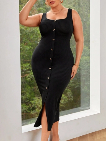 Vestito Midi da Donna Taglie Forti Elegante Scollo Quadrato in Maglia a Costine Nero Tinta Unita Senza Maniche Vita Alta con Bottoni e Spacco Aderente
