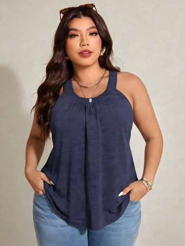 Women Plus Size Sleeveless Round Neck Navy Blue Tank Top Casual Pleated Solid Color Knit Vest Top With Decorative Button