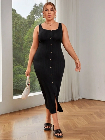 Vestito Midi da Donna Taglie Forti Elegante Scollo Quadrato in Maglia a Costine Nero Tinta Unita Senza Maniche Vita Alta con Bottoni e Spacco Aderente