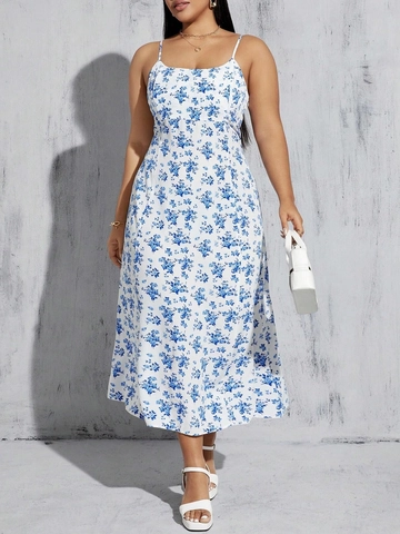 Damen Übergröße Sommer Blumenmuster Cami Kleid Hohe Taille A-Linie Midi Kleid Lässig Ärmellos Weiß Blau Blumen Sommerkleid