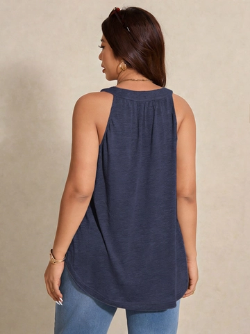 Women Plus Size Sleeveless Round Neck Navy Blue Tank Top Casual Pleated Solid Color Knit Vest Top With Decorative Button