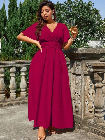Damen Plus Size V-Ausschnitt Maxi Kleid Kurzarm Flügelärmel Geraffte Hohe Taille Elegant Party Urlaub Weinrot Kleid