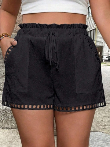 Women Plus Size High Waist Casual Shorts With Drawstring Pockets And Lattice Hollow Out Hem Solid Textured Summer Shorts