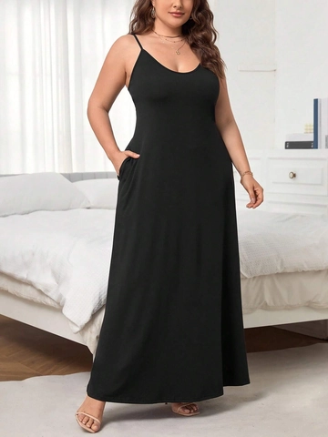 Women Plus Size U-Neck Sleeveless Maxi Dress With Pockets Solid Color Polyester Spandex High Waist Summer Casual Elegant