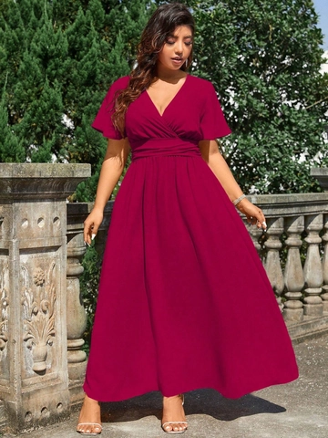 Damen Plus Size V-Ausschnitt Maxi Kleid Kurzarm Flügelärmel Geraffte Hohe Taille Elegant Party Urlaub Weinrot Kleid