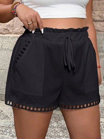 Women Plus Size High Waist Casual Shorts With Drawstring Pockets And Lattice Hollow Out Hem Solid Textured Summer Shorts