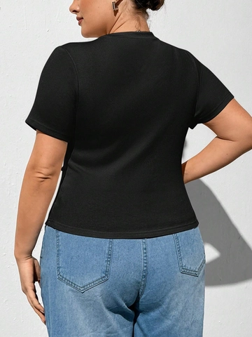 Γυναικείο Plus Size T-Shirt με Σούρες Μονόχρωμο Μαύρο Κοντομάνικο Στρογγυλή Λαιμόκοψη Ασύμμετρο Σχίσιμο Casual Τοπ