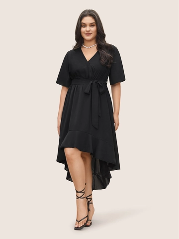 Women Plus Size V Neck Elegant Midi Dress Solid Black Short Sleeve Tie Waist High Low Irregular Hem Casual Party Dress