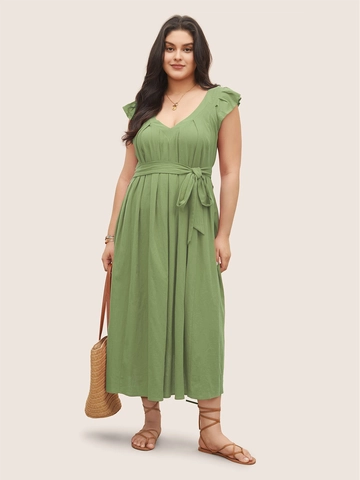 Women's Plus Size Sage Green V Neck Midi Dress With Ruffle Sleeves And Tie Waist Pleated Cotton Casual Summer Holiday Dress