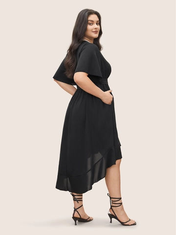 Women Plus Size V Neck Elegant Midi Dress Solid Black Short Sleeve Tie Waist High Low Irregular Hem Casual Party Dress